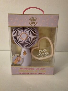 NWT Sunny Days Rechargeable Handheld Fan with Heart Wristlet Lavender Size 6" H